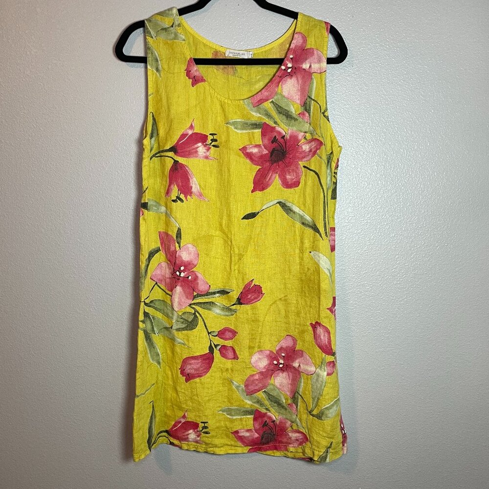 Anna Melani 100 % Linen Dress Floral Sleeveless Size S Yellow Italy Preppy